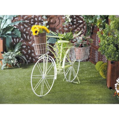 Harper & Willow Green Metal Indoor Outdoor Bike Plantstand with Basket and Saddle Bag Planters 63 in. x 22 in. x 35 in.