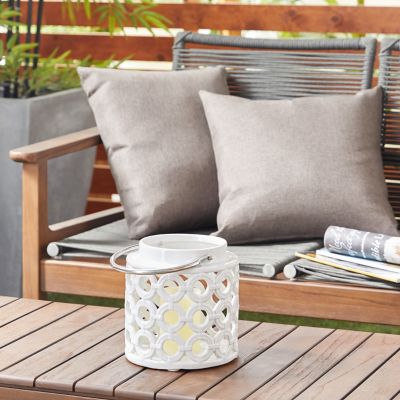 Harper & Willow White Ceramic Circles Pillar Candle Lantern with Cut Out Design, 8 in. x 9 in. x 8 in., 98338