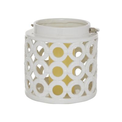 Image showing  9 in. Ceramic Circles Pillar Candle Lantern with Cut-Out Design, White