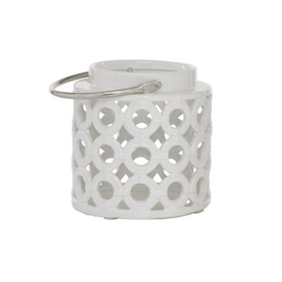 Image showing  9 in. Ceramic Circles Pillar Candle Lantern with Cut-Out Design, White