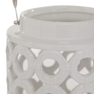 Image showing  9 in. Ceramic Circles Pillar Candle Lantern with Cut-Out Design, White