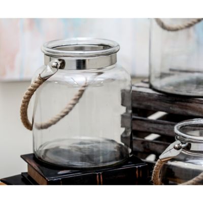 Harper & Willow 10 in. Clear Glass Handmade Decorative Candle Lantern with Rope Handle