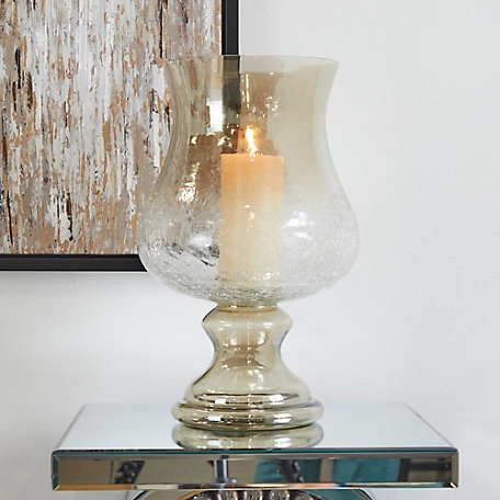 Harper & Willow Glass Handmade Turned Style Pillar Hurricane Lamp with Smoked Glass Finish, 24671
