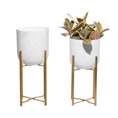 Image showing  White Metal Deep Recessed Dome Speckled Planter with Removable Stand Set of 2 22 in., 19 in.H