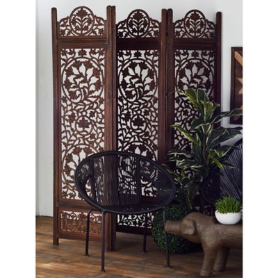 Harper & Willow Black Wood Handmade Hinged Foldable Partition 4 Panel Floral Room Divider Screen 80" x 1" x 72"