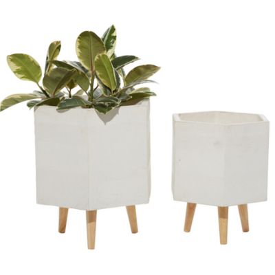 Image showing  White Ceramic Indoor Outdoor Planter with Wood Legs, Set of 2, 15 in., 17 in. H