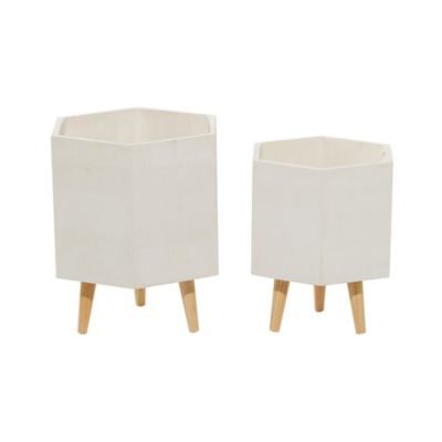 Image showing  White Ceramic Indoor Outdoor Planter with Wood Legs, Set of 2, 15 in., 17 in. H