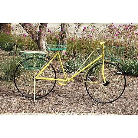 Harper & Willow Yellow Metal Indoor Outdoor Scrollwork And Wire Design Bike Plantstand, 54" x 18" x 32"