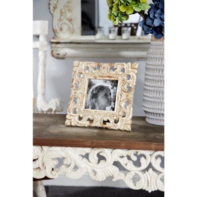 Harper & Willow 5 in. x 5 in. Wood Handmade Intricate Carved Scroll Photo Frame, 9 in. x 1 in. x 9 in., White