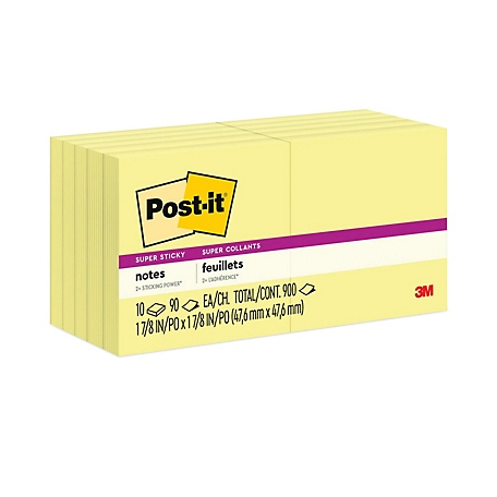 Post-it Notes Super Sticky Canary Yellow Note Pads, 1-7/8 in. x 1-7/8 in., 90 Sheets, 10-Pack