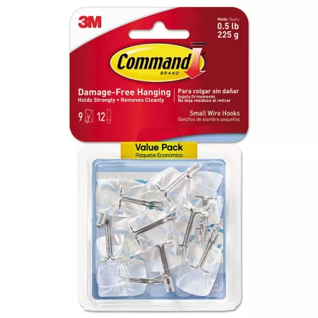 Command Plastic/Wire Hooks and Strips Clear Small 9 Hooks with 12 Adhesive Strips Per Pack Home Office Supplies