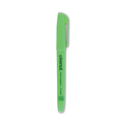 Universal Pocket Highlighters, Fluorescent Green Ink, Chisel Tip, Green Barrel, 12-Pack