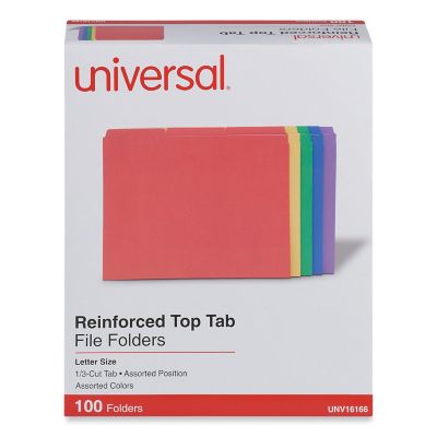 Universal Reinforced Top-Tab File Folders, 1/3-Cut Tabs, Letter Size, Assorted, 100-Pack