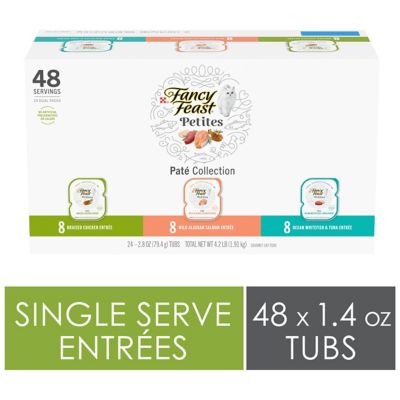 Fancy Feast Petites Gourmet Adult Chicken, Salmon, Whitefish and Tuna Pate Wet Cat Food Variety pk., 2.8 oz. Tub, Pack of 24 I love this cat food for my senior cat and the small packs make it easy to not waste food