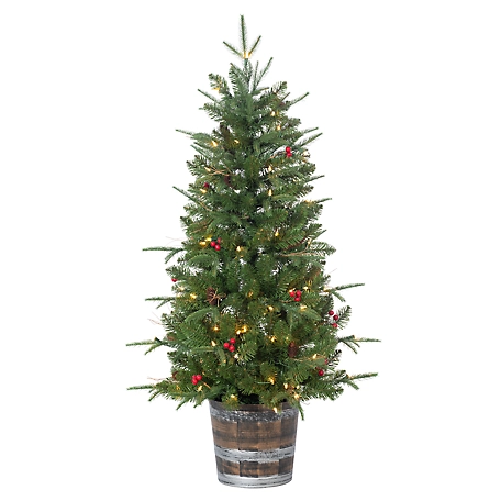 Gerson International 4 ft. Potted Natural Cut Hudson Pine Tree with Pine Cones and Red Berries, 100 Warm White Lights