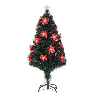 Gerson International 4 ft. High Green Fiber Optic Color-Changing Tree, 18 Lit Poinsettia Flowers, 119 Color Lights