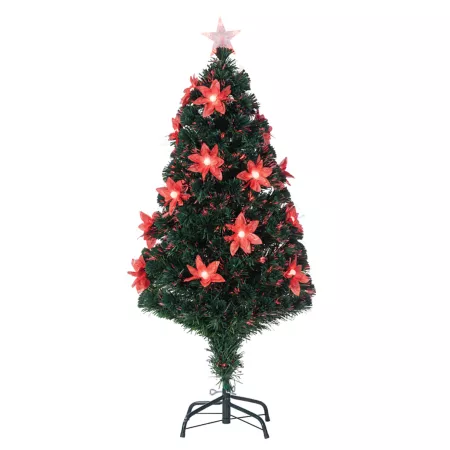 Gerson International 4 Feet Tall Color Changing Green Fiber Optic Tree 18 Lighted Poinsettia Flowers 119 Color Lights Artificial Christmas Trees