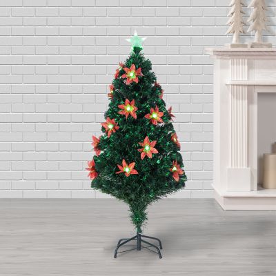Image showing  4 ft. Pre-Lit Green Artificial Tree with Poinsettia Flowers, Color-Changing Fiber Optic Lights