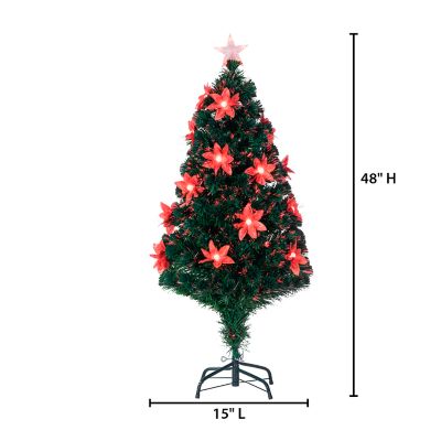 Image showing  4 ft. Pre-Lit Green Artificial Tree with Poinsettia Flowers, Color-Changing Fiber Optic Lights