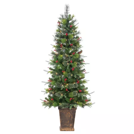 Gerson International Hard Needle/Mixed Douglas Fir Potted 6 Feet Tall Pre-Lit with Red Berries 250 Warm White LED Lights Artificial Christmas Trees