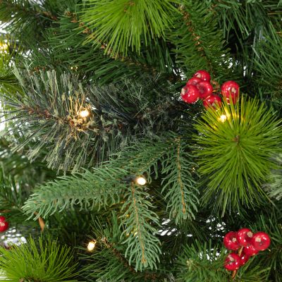 Image showing  6 ft. Pre-Lit Potted Hard/Mixed Needle Douglas Pine Artificial Tree with Red Berries, Warm White LED Lights