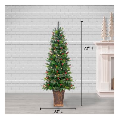 Image showing  6 ft. Pre-Lit Potted Hard/Mixed Needle Douglas Pine Artificial Tree with Red Berries, Warm White LED Lights