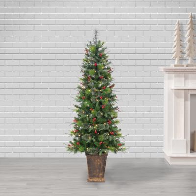 Image showing  6 ft. Pre-Lit Potted Hard/Mixed Needle Douglas Pine Artificial Tree with Red Berries, Warm White LED Lights