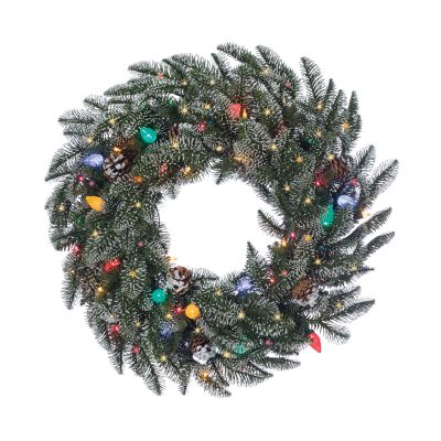 Gerson International 24 in. Lightly Flocked Smoky Mountain Wreath with Pine Cones, 42 Multicolor Lights