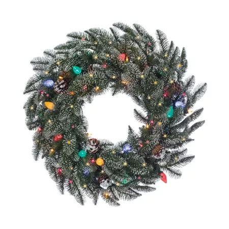 Gerson International 24" Lightly Flocked Smoked Mountain Wreath with Pine Cones 42 Multi-Color Lights Artificial Christmas Wreaths