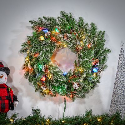 Image showing  24 in. Pre-Lit Lightly Flocked Smoky Mountain Wreath with Pine Cones, Multicolor Lights