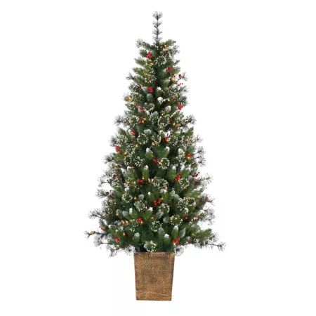 Gerson International 6' Tall Potted Hard/Mixed Needle Glazed Pine Glazed Tips Pine Cones Red Berries 200 Lights Artificial Christmas Trees