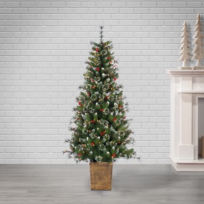 Image showing  6 ft. Pre-Lit Potted Hard/Mixed Needle Glazier Pine Artificial Tree with Iced Tips, Pine Cones and Berries