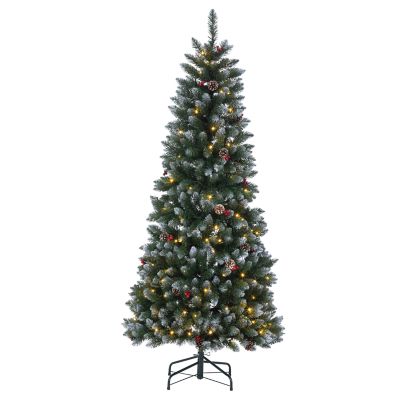 Gerson International 4 ft. Pre-Lit Pop-Up Flocked Green Pine Artificial Tree with Pine Cones and Red Berries, Warm White Lights