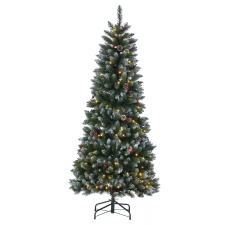 Gerson International 4' Retractable LED Flocked Green Pine 150 Warm White LED Lights Pine Cones and Red Berries Artificial Christmas Trees