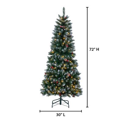 Image showing  4 ft. Pre-Lit Pop-Up Flocked Green Pine Artificial Tree with Pine Cones and Red Berries, Warm White Lights