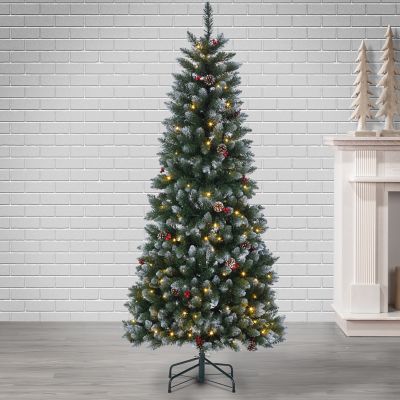 Image showing  4 ft. Pre-Lit Pop-Up Flocked Green Pine Artificial Tree with Pine Cones and Red Berries, Warm White Lights