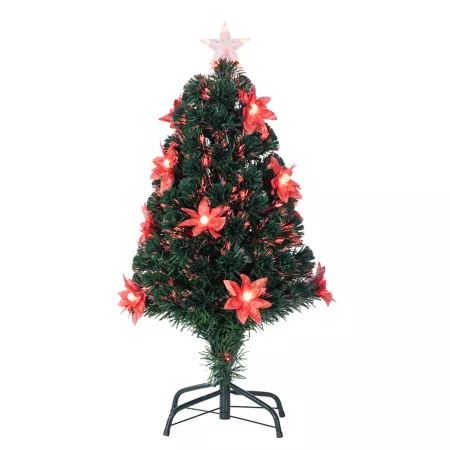 Gerson International 3 Feet Color Changing Green Tree 12 Lighted Poinsettia Flowers 80 Multi-Color Fiber Optic Lights Artificial Christmas Trees