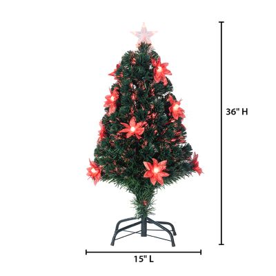 Image showing  3 ft. Pre-Lit Green Artificial Tree with Poinsettia Flowers, Color-Changing Fiber Optic Lights