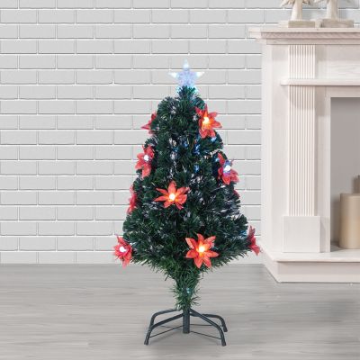 Image showing  3 ft. Pre-Lit Green Artificial Tree with Poinsettia Flowers, Color-Changing Fiber Optic Lights