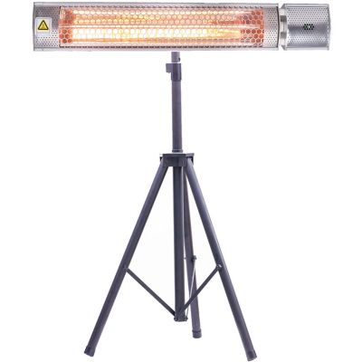 Hanover Modern Halogen Infrared Electric Steel Patio Heater with Remote and Tripod Stand, Silver, 26.5 in.