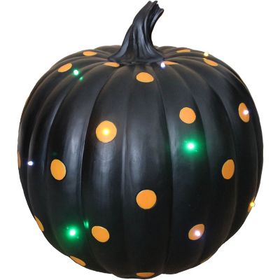 Haunted Hill Farm Lighted Designer Pumpkin Indoor/Outdoor Halloween Decoration, Black/Orange Polka Dots, 15.5 in.