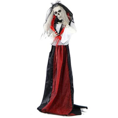 Haunted Hill Farm Life-Size Moaning Skeleton Bride Prop with Flashing Red Eyes, Indoor/Outdoor Halloween Decor the skeleton with her black veil and white, black and red gown was great