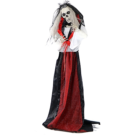 Haunted Hill Farm Life-Size Moaning Skeleton Bride Prop with Flashing Red Eyes, Indoor/Outdoor Halloween Decor