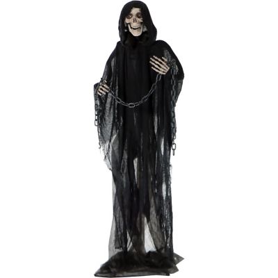 Haunted Hill Farm 65 in. Shackles Life-Size Grim Reaper Prop with Chain and Rotating Head Halloween Animatronic, Indoor/Outdoor