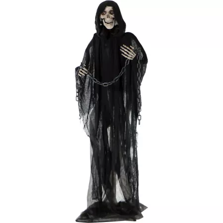 Haunted Hill Farm 65" Life-Size Reaper Shackles with Chain and Halloween Animatronic Rotating Head Indoor/Outdoor Halloween Animatronics