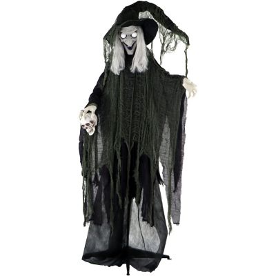 Haunted Hill Farm Life-Size Talking Witch Prop with Skull and Rotating Body, Indoor/Outdoor Halloween Decor