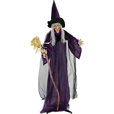 Haunted Hill Farm Life-Size Talking Witch with Broomstick and Rotating Body, Indoor/Outdoor Halloween Decor