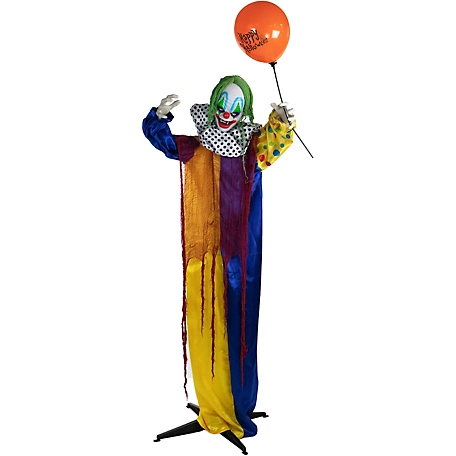 Haunted Hill Farm Life-Size Standing Animatronic Clown with Balloon, 69 in., Animation, Lights, Sound