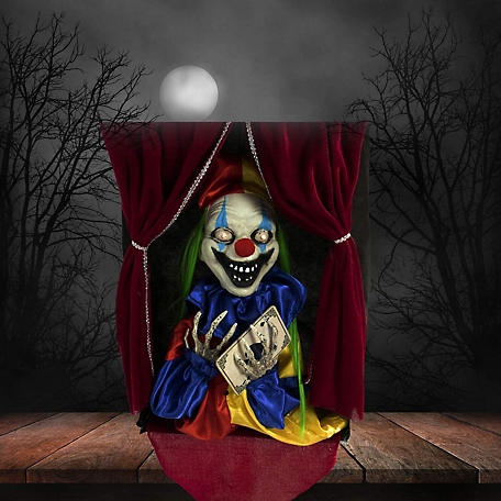 Haunted Hill Farm Animatronic Clown, Indoor/Outdoor Halloween Decor, Flashing Red Eyes, Talking, Battery Operated