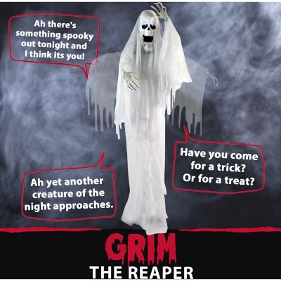 Image showing  Life-Size Animatronic Reaper, Indoor/Outdoor Halloween Decor, Flashing White Eyes, Poseable